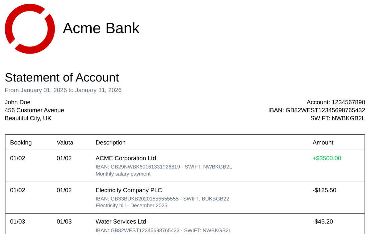 Statements template preview